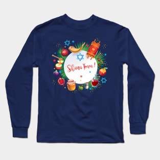 Happy Rosh Hashanah - Shana Tova! Autumn New Year Jewish Holiday Paty. Honey and Apple, Pomegranate, Shofar, Star of David, traditional symbols, torah, shofar, pomegranates, star of David, tropical palm tree leaves. Navy Blue Decoration Long Sleeve T-Shirt